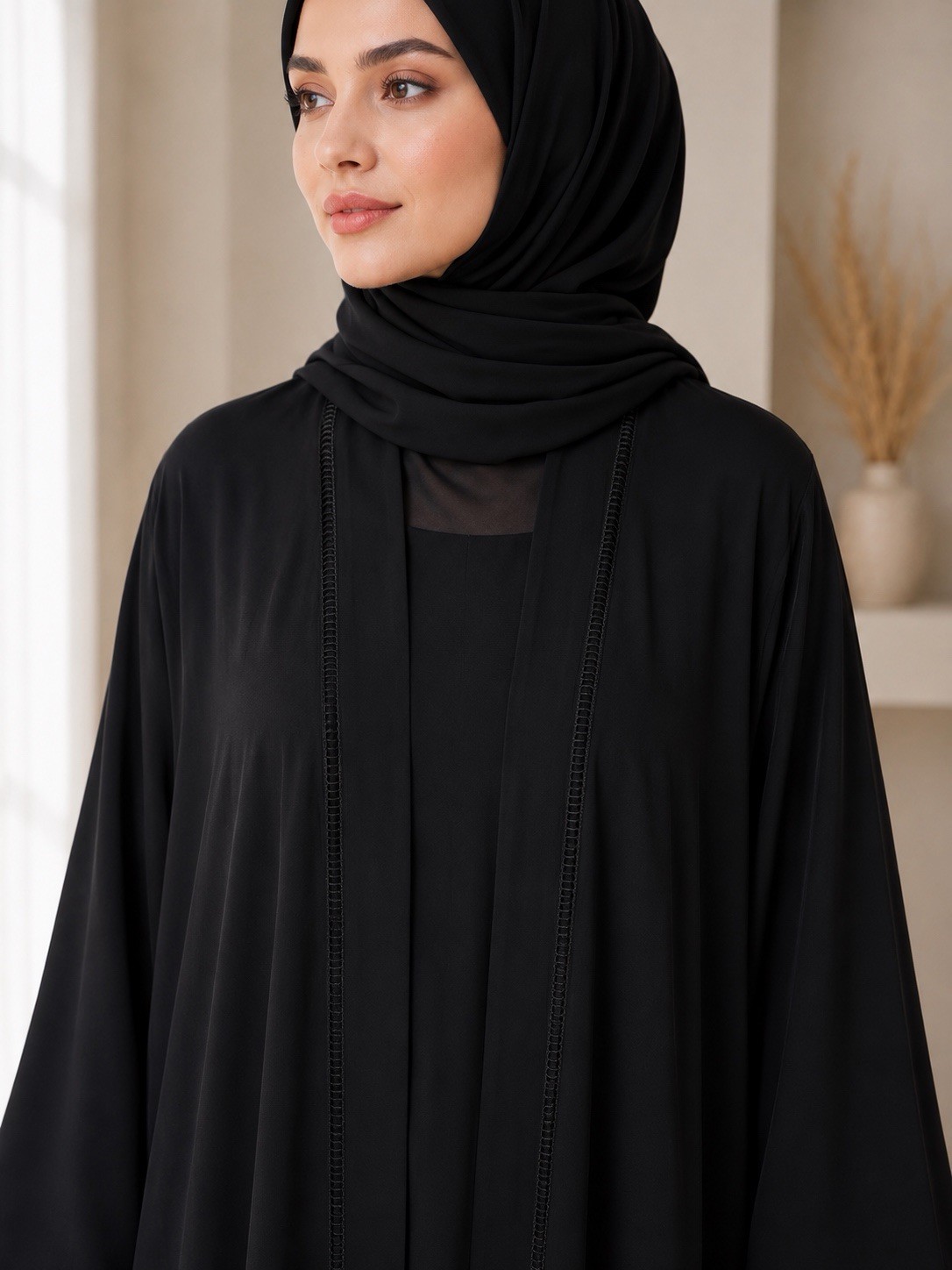 Libaayawear Women’s Black Solid Open Front Abaya One Size Nida Bell Sleeve