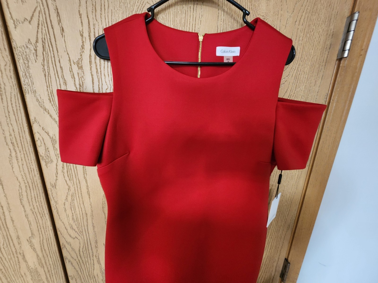 Calvin Klein Womens Size 14 Red Solid Sheath Cold Shoulder Knee Zip Dress