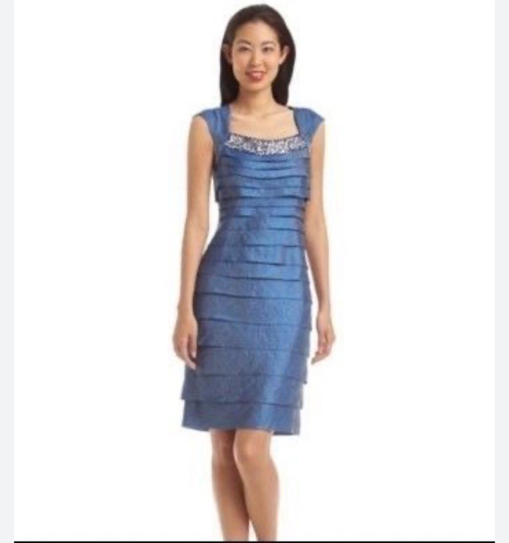 London Times Womens Size 6 Shimmer Blue Layered Rhinestone Neck Cocktail Dress