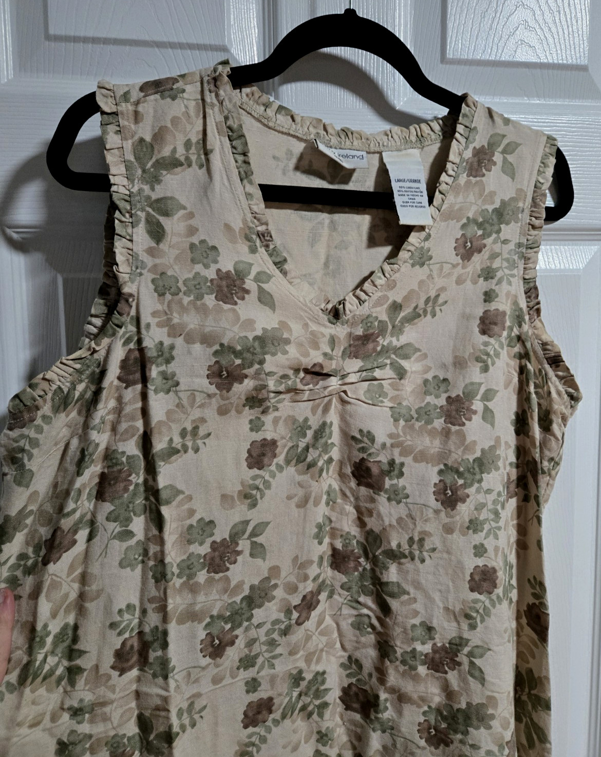Kathy Ireland Beige/Green Sleeveless Floral Linen Blend Dress;Ruffle V-Neck;Sz L