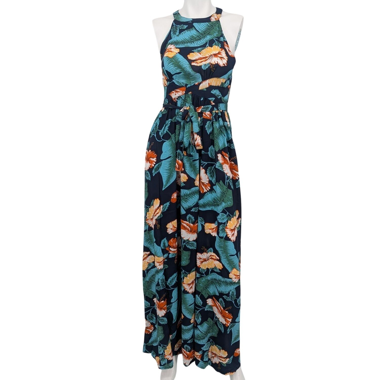 Floral Halter Maxi Dress Romantic Tropical Coastal Resort Open Back Boho Size XS