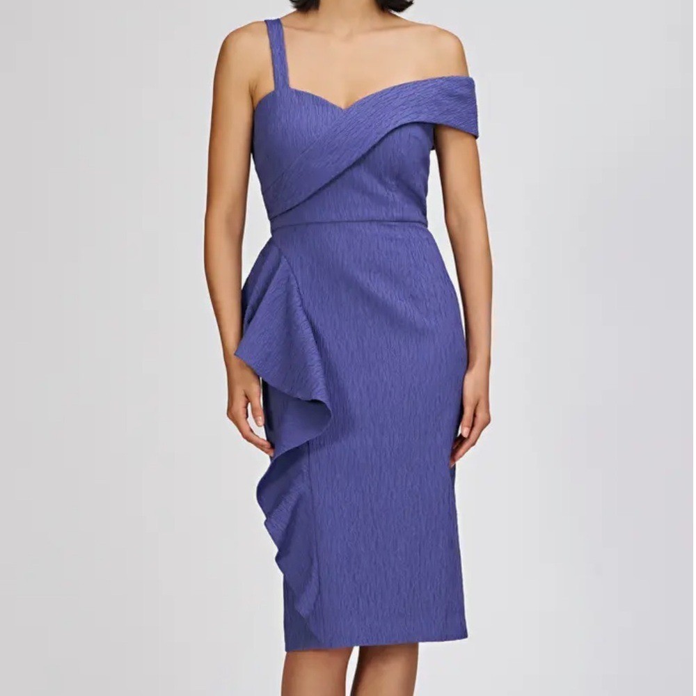 JS Collections Aerith Asymmetrical One Shoulder Cocktail Dress Blue Midi Size 6