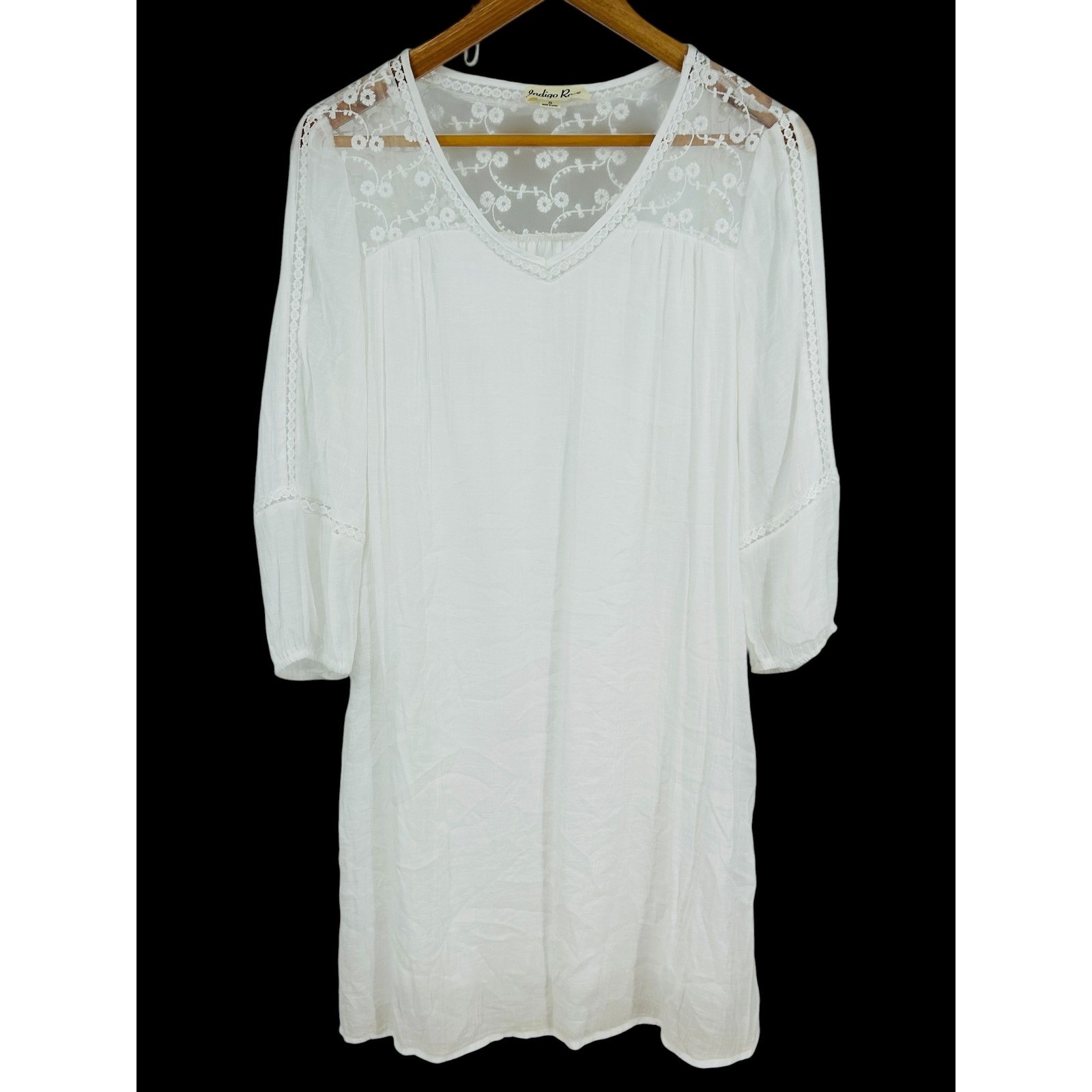 Indigo Rose White Lace Boho Tunic Dress V Neck 3/4 Sleeve Small