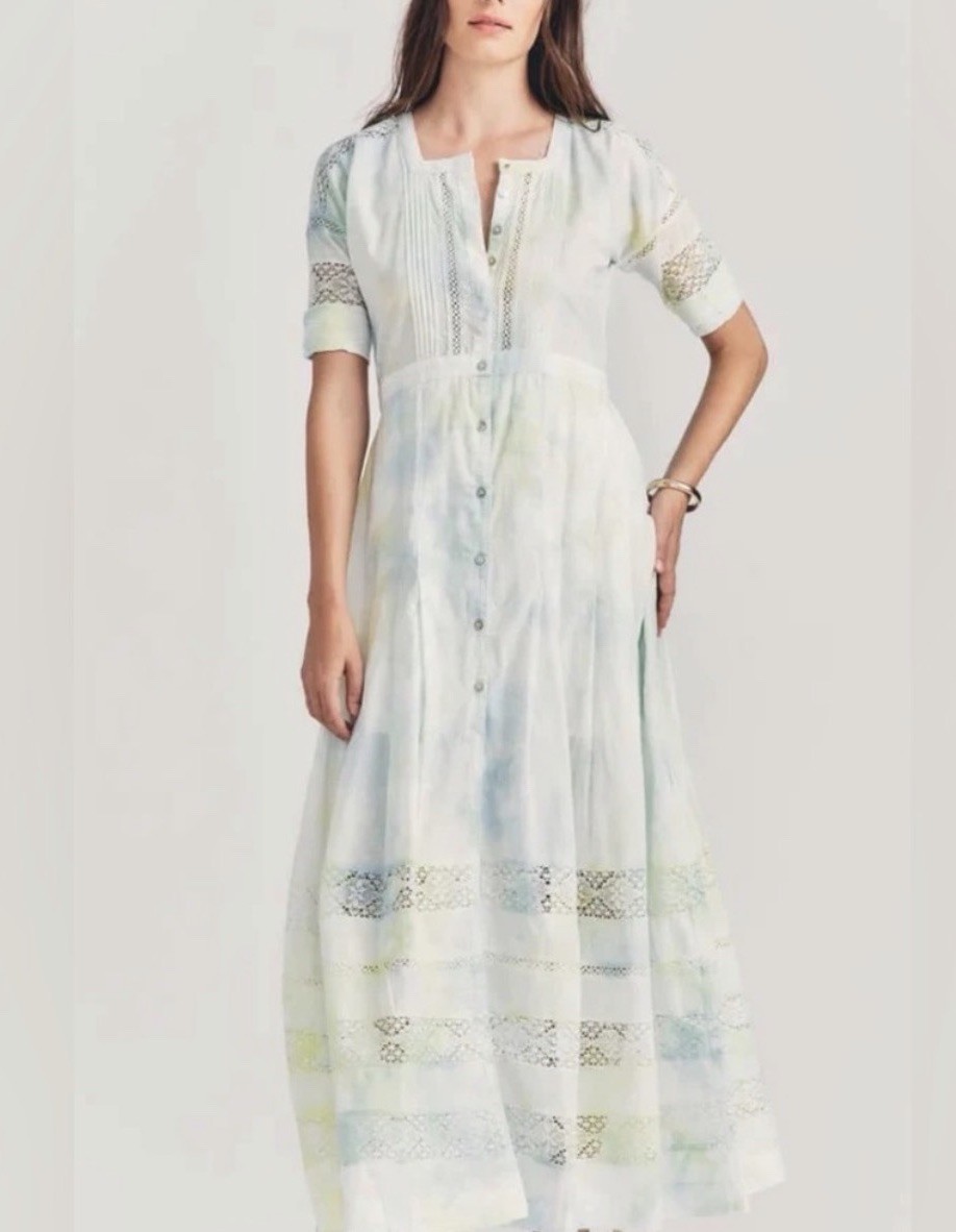 LoveShackFancy Edie Tie Dye Midi Dress XS Green Cotton Lace Button Cottagecore