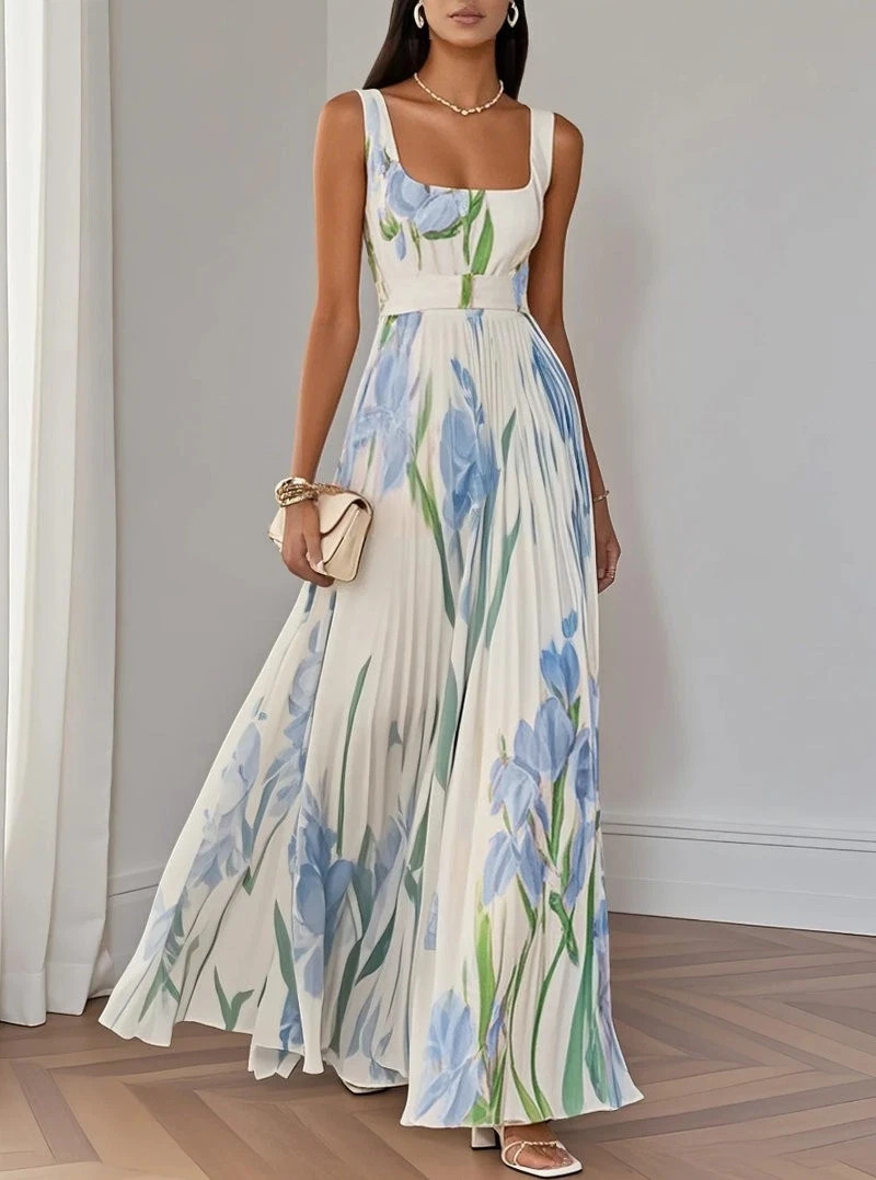 Sleeveless Formal Pleated Printed Dress Women A-Line Elegant Party Summer Midi