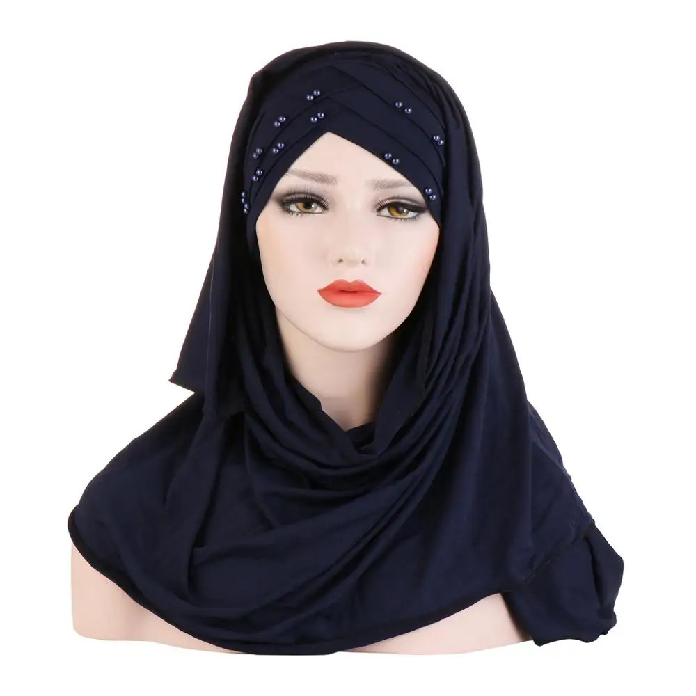 2019 Muslim Cotton Scarf Plain Hijabs With Bead Shawls And Wraps Femme Musulman
