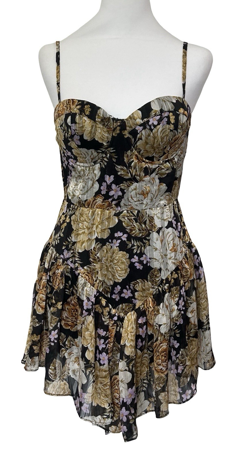 Akira Floral Bustier Mini Dress Romper Skort Black Gold Cottagecore Party S Boho