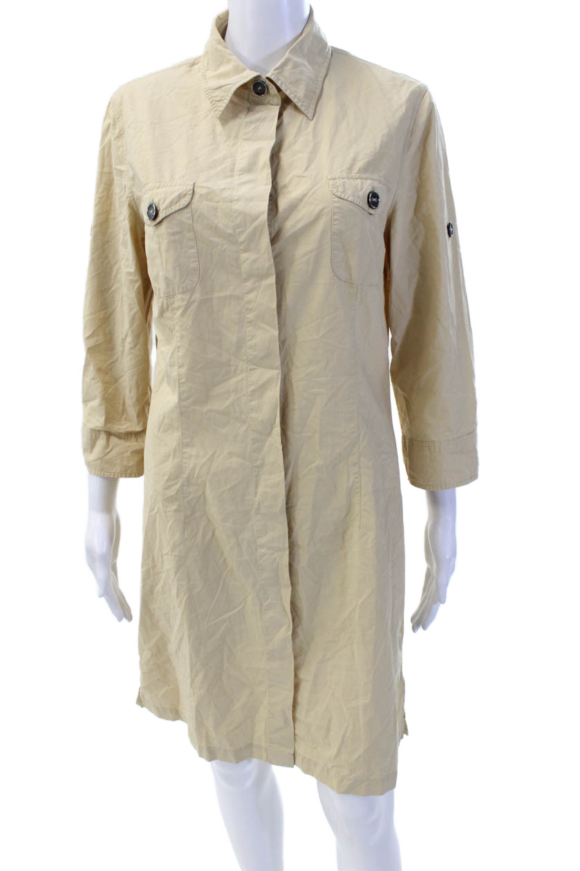 0039 Italy Womens Button Front Short Sleeve Collared Dress Beige Size Large
