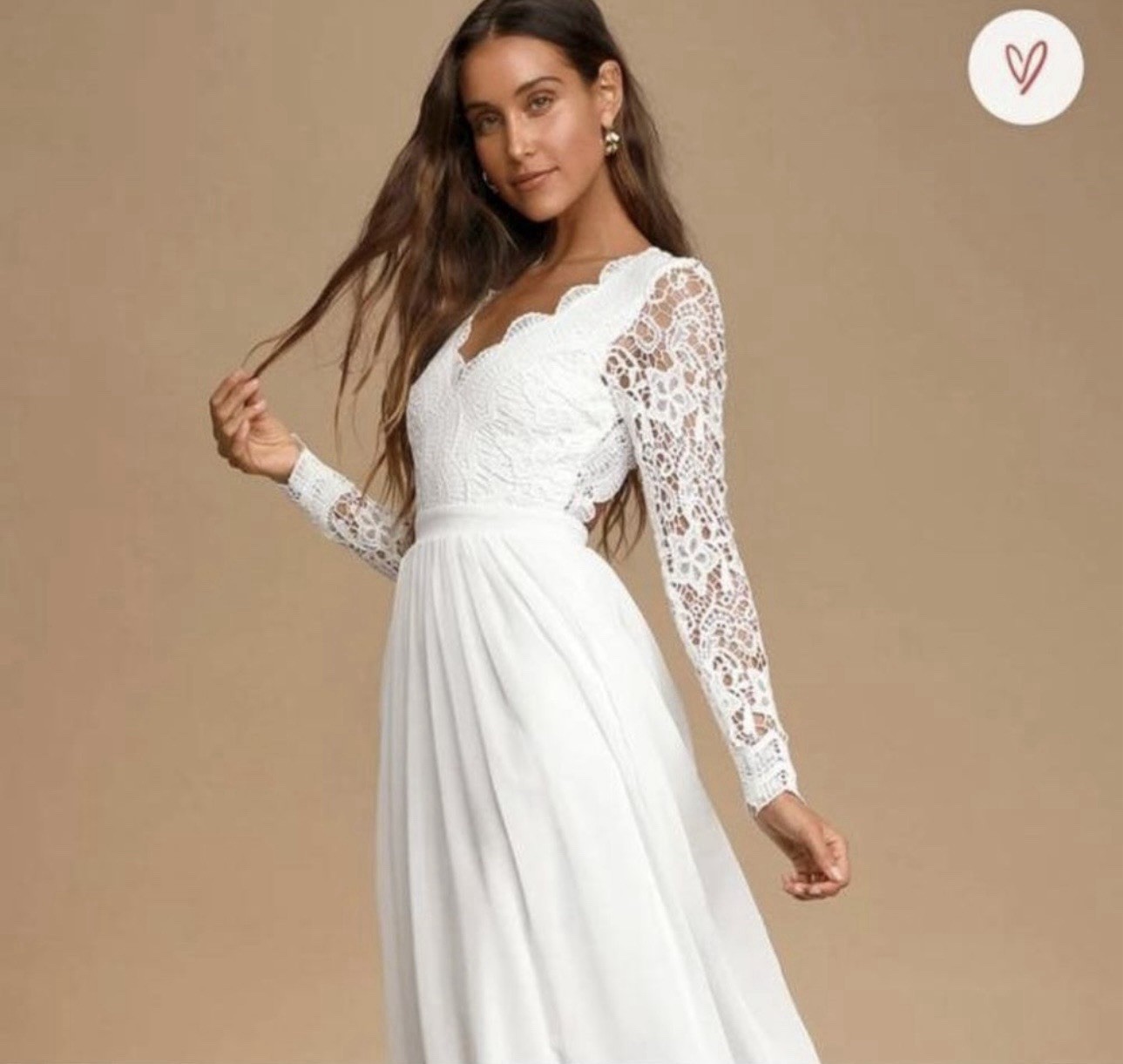 Lulus White Solid Lace Polyester V-Neck Long Sleeve Maxi Dress Double Lined S