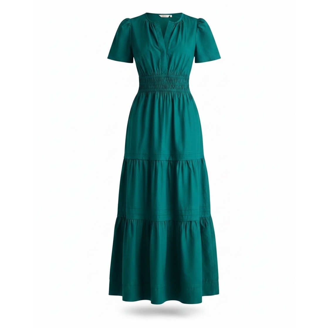 Quince Organic Cotton Poplin Smocked Maxi Dress Green Puff Sleeve Tiered Small