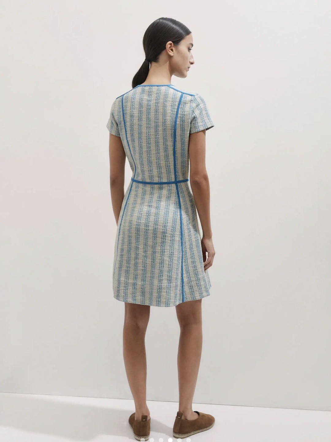 ME+EM Blue Beige Striped Round Neck Short Sleeve A-Line Short Dress US 6