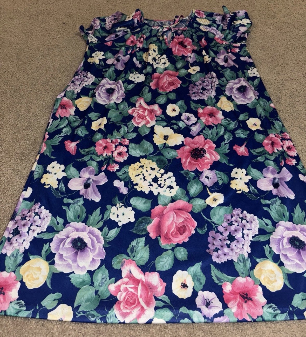 Womens Floral Smocked Ruffle Neck Sleeveless Shift Dress, Knee Length M