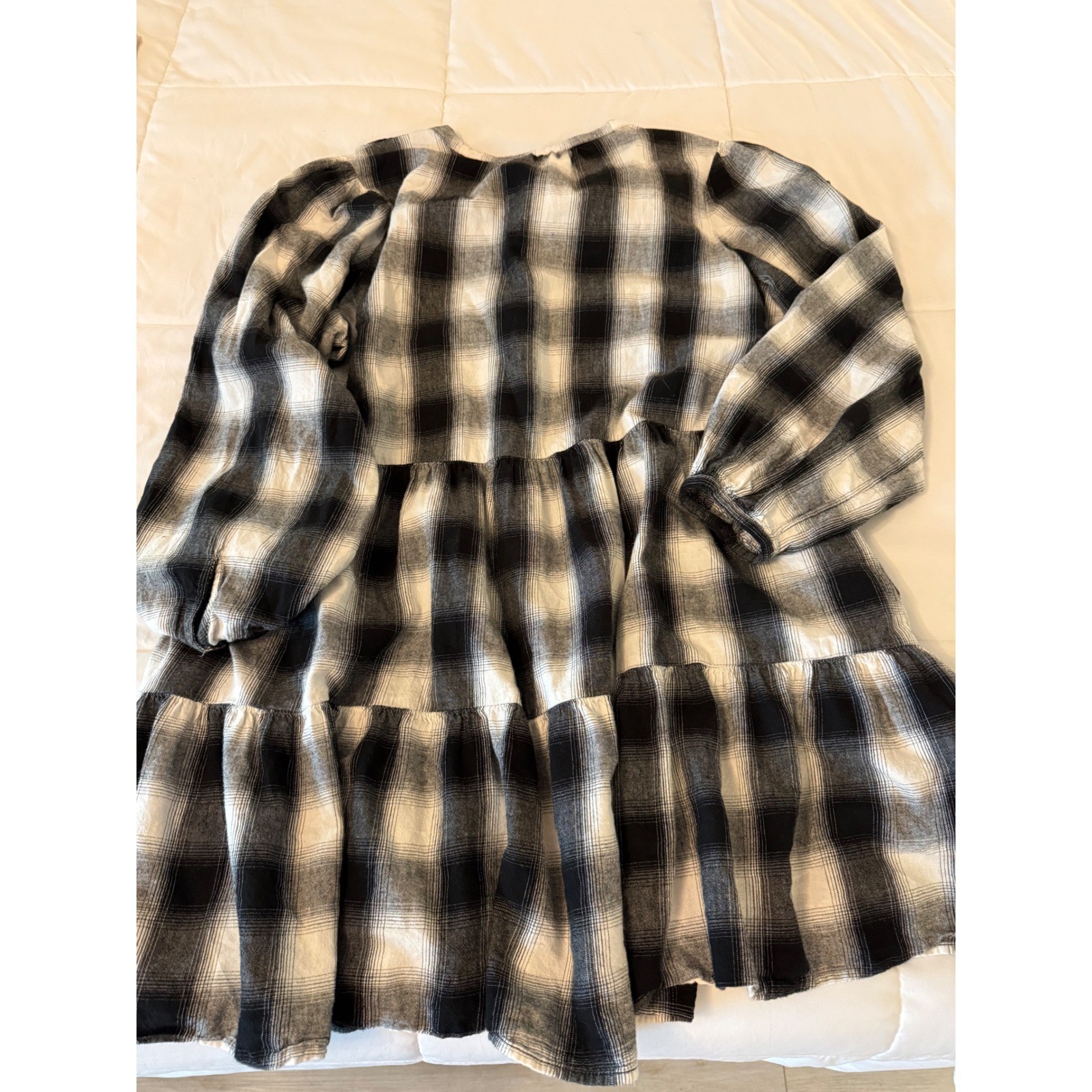 Black White Buffalo Plaid Button Front Tiered Midi Dress Long Sleeve with Pocket