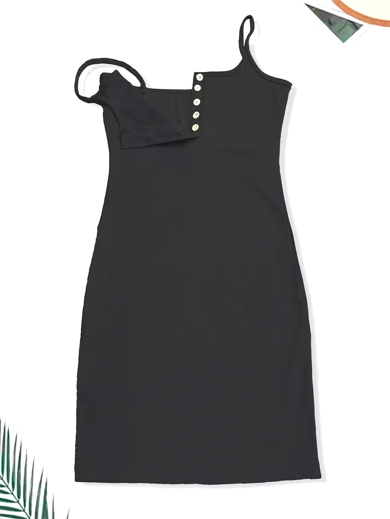 Medium Black Spaghetti Strap 5-Button SEXY BUST PLUNGE. Knit Bodycon Mini Dress