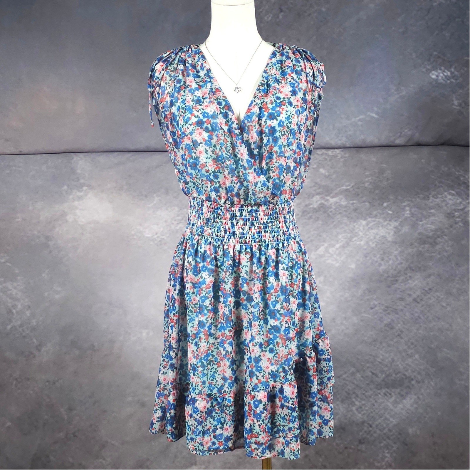 NWOT BCBG Paris Cottagecore Floral Chiffon Mini Dress Blue Pink M