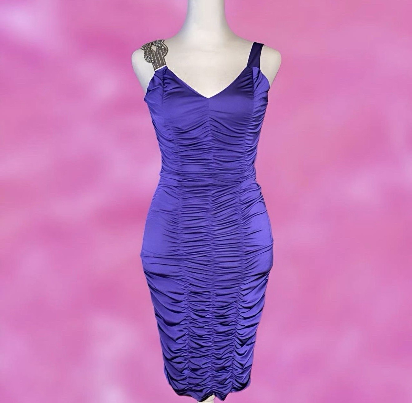 Y2K Purple Ruched Rhinestone Strap Bodycon Midi Dress Size M