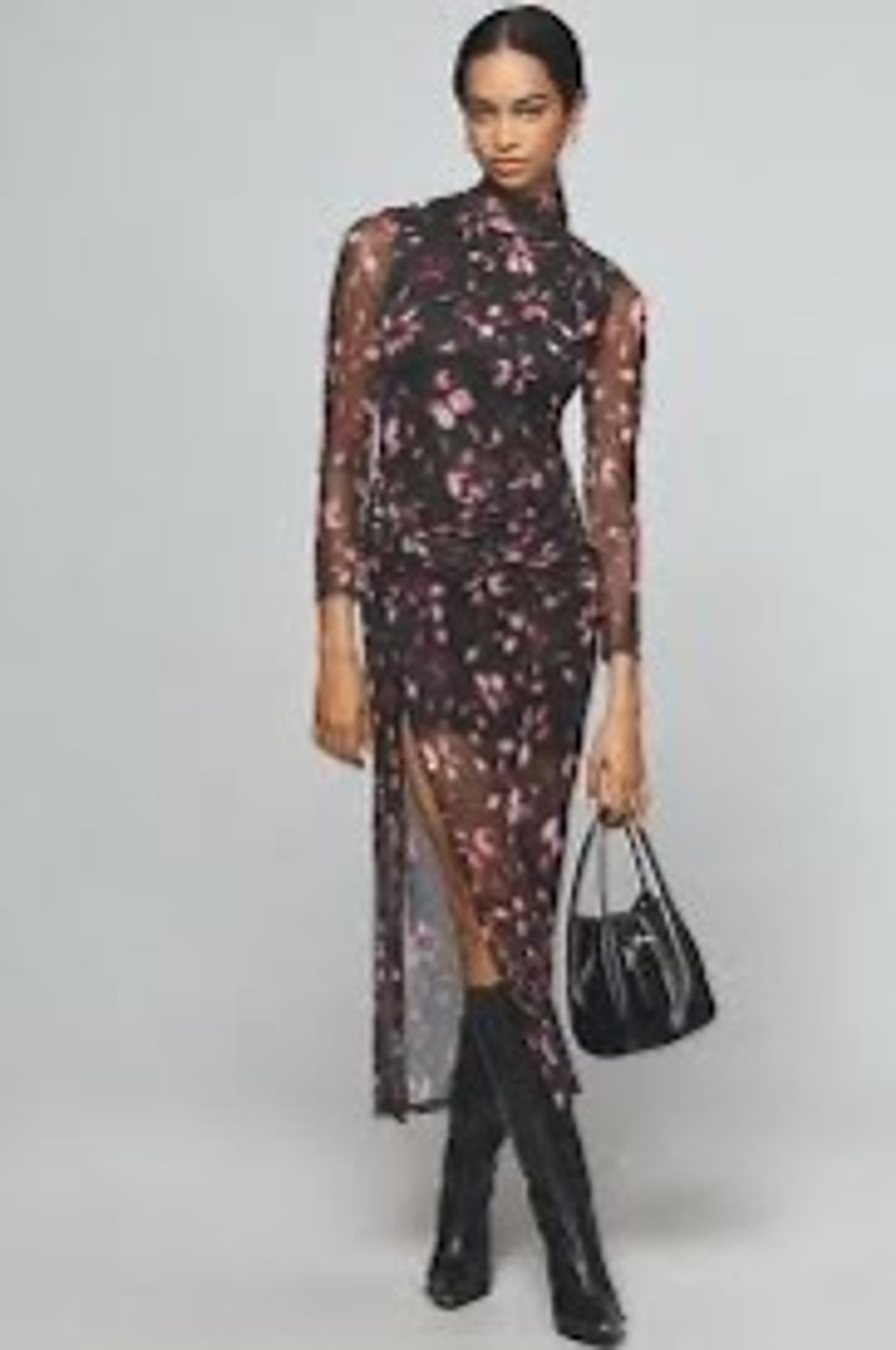 Women’s Hutch Black Pink Floral Mesh Ruched Midi Dress
