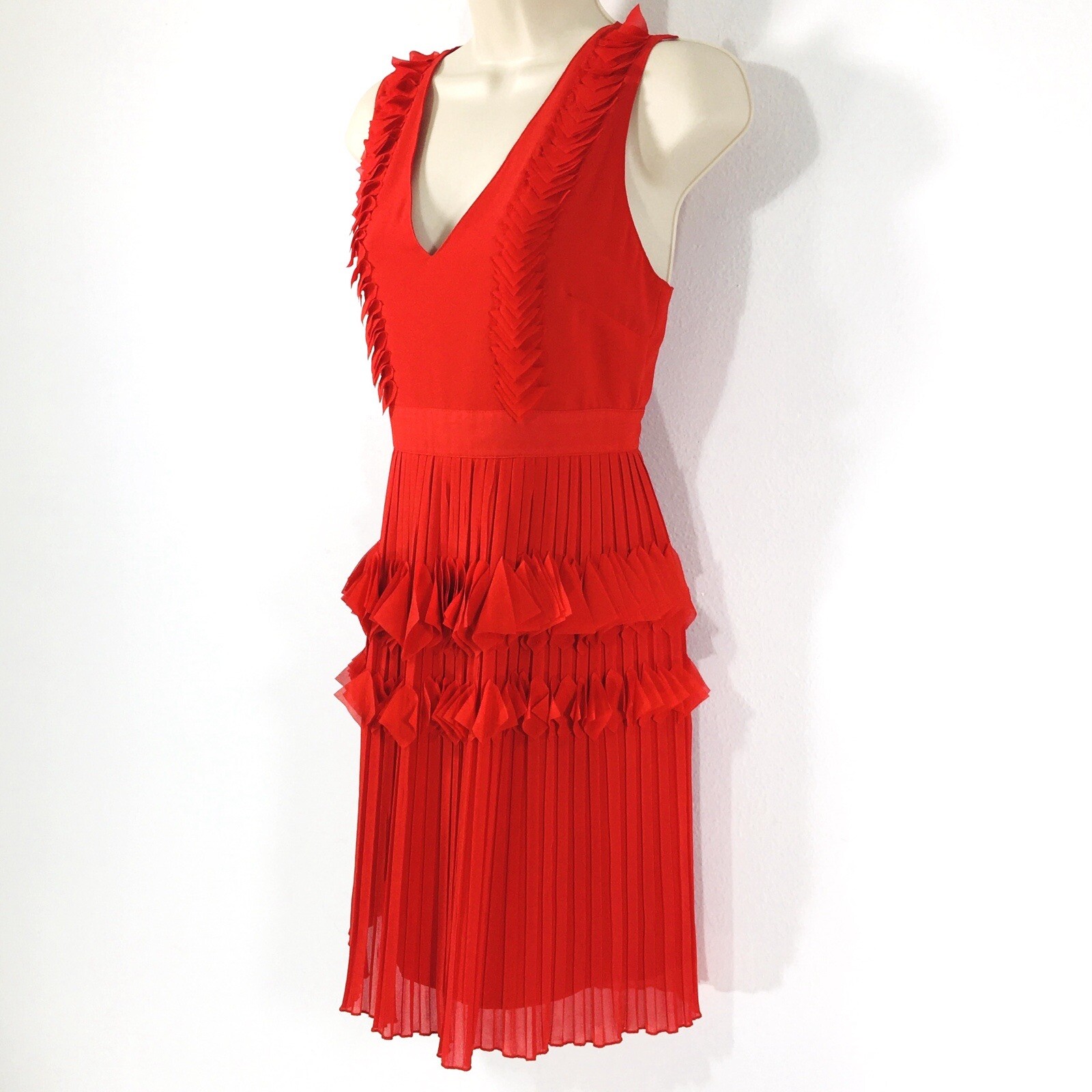 Foxiedox Red Pleated Ruffle Dress Sz S VNeck Zipper Lined Wedding Guest Party