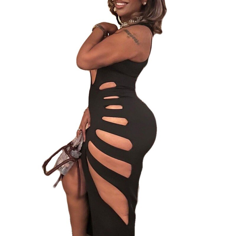 Plus Size Womens Sexy Hollow Out Low Cut High Waist Slit Bodycon Club Long Dress