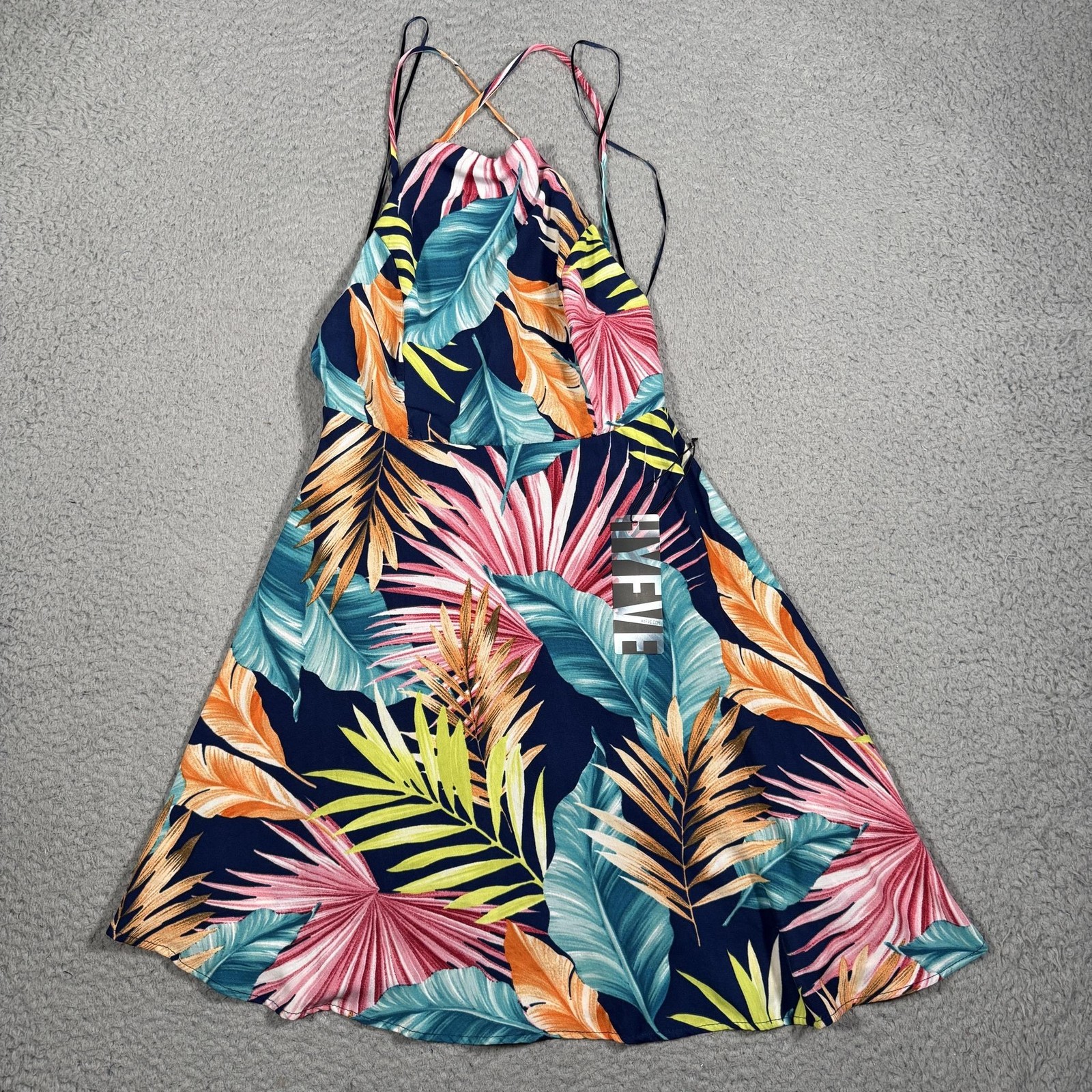 HYFVE Dress Womens S Multicolor Tropical Halter Fit & Flare Sundress Lined