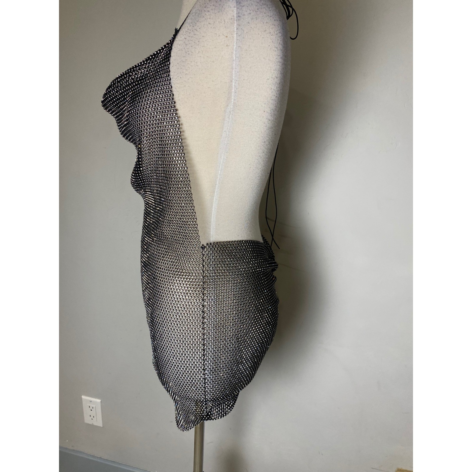 Rhinestone Mesh Mini Dress Black Silver Cowl Neck Open Back Festival Clubwear