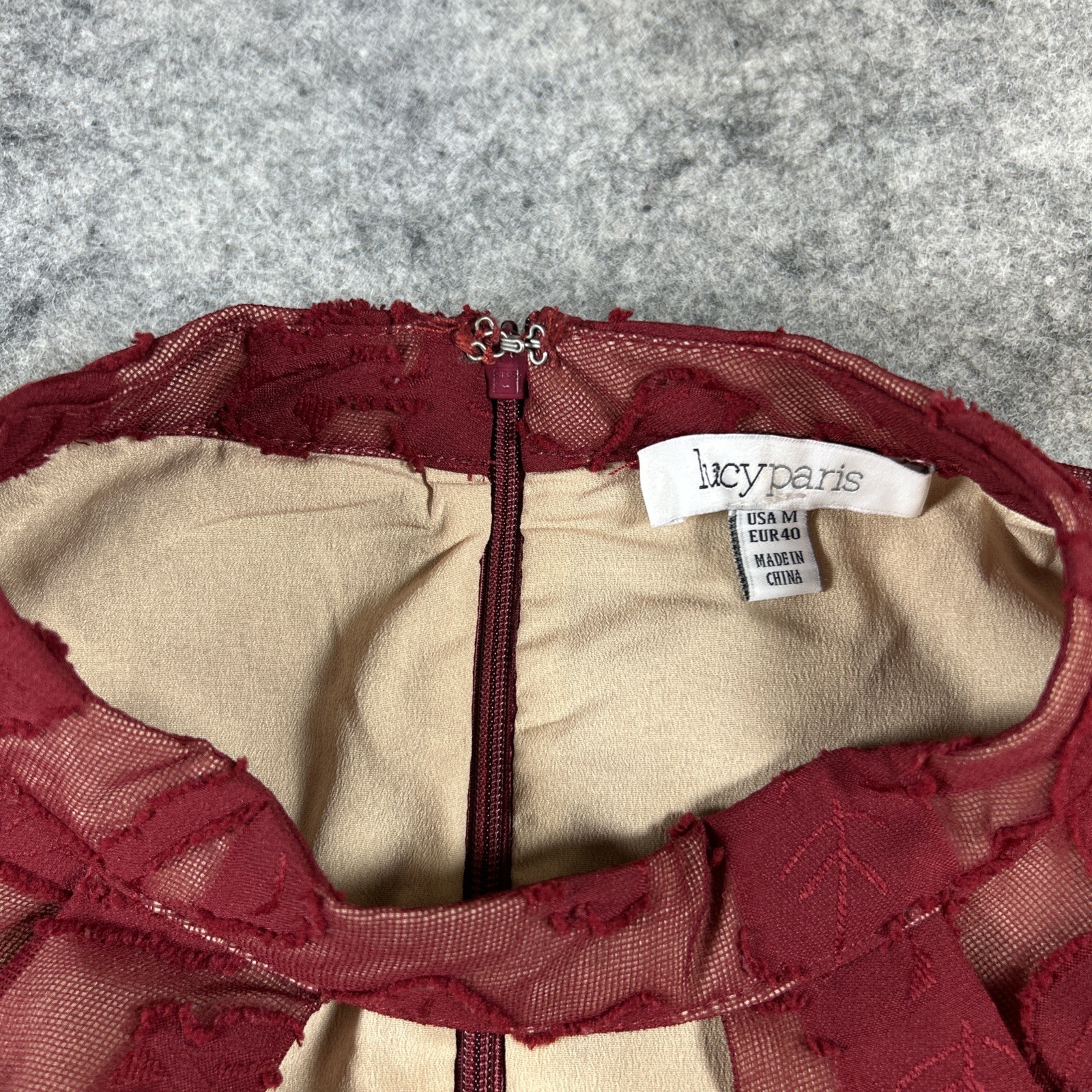 Lucy Paris Dress Women’s M Maroon & Tan Underlay Floral Embroidered Bell Sleeve