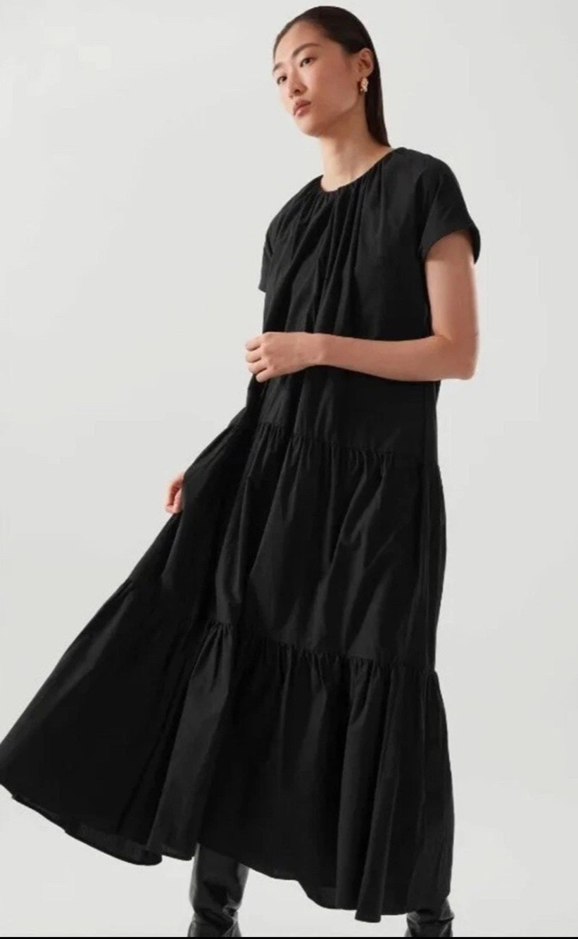 COS Black Oversized Ruffle Tiered Cotton Maxi Dress sz M