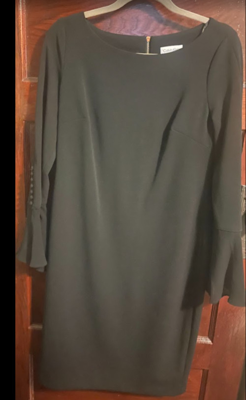 Calvin Klein Body Con Knee Length Black Dress with Silk Sleeves & Button Details
