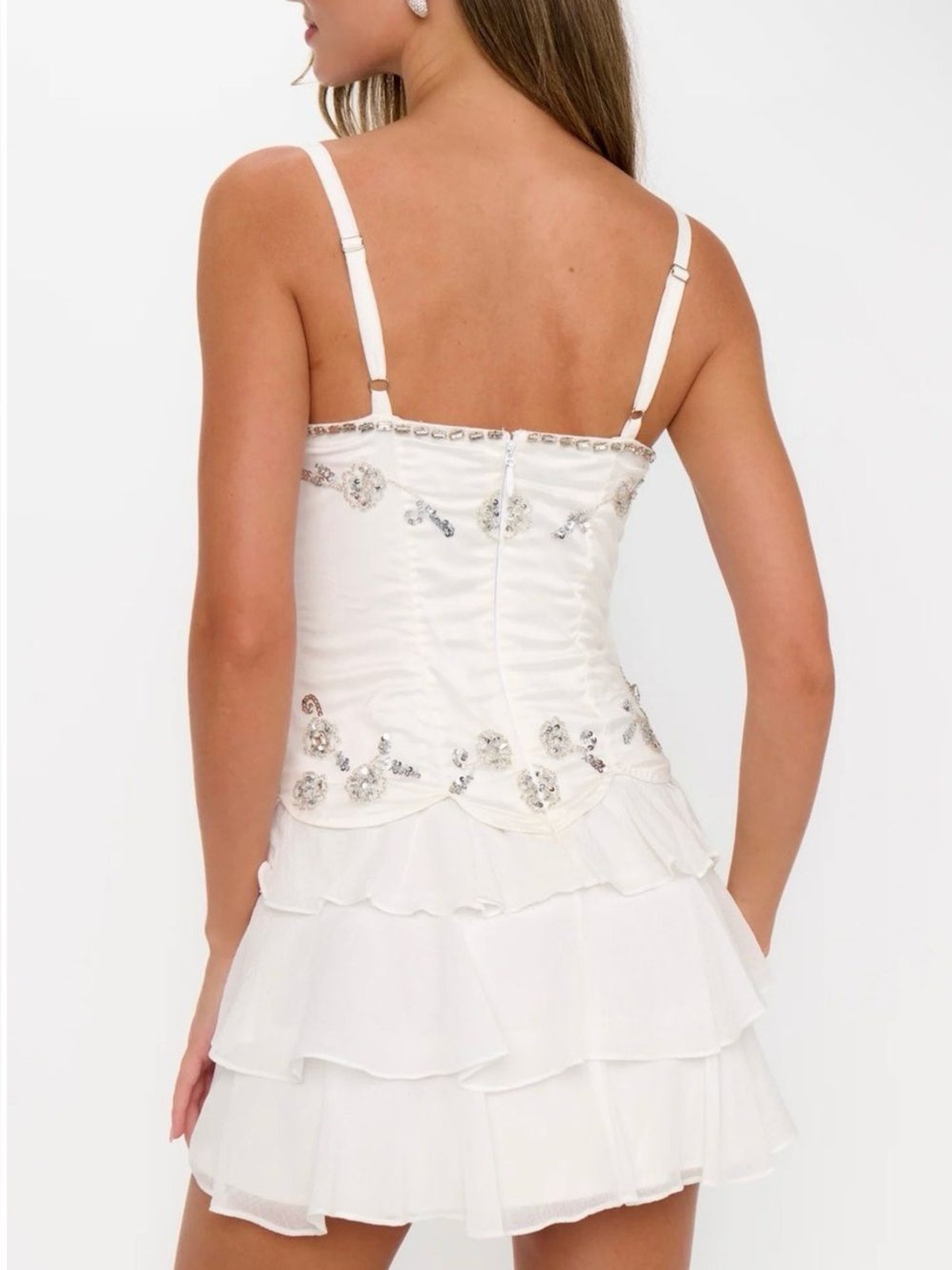 Show Me Your Mumu Kiara Rhinestone Embellished Ruffle White Mini Dress size XL