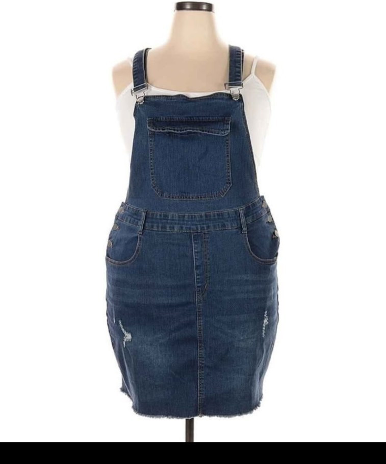 SHEIN Curve Women’s Plus 3XL Blue Denim Overall Dress Square Neck Pockets