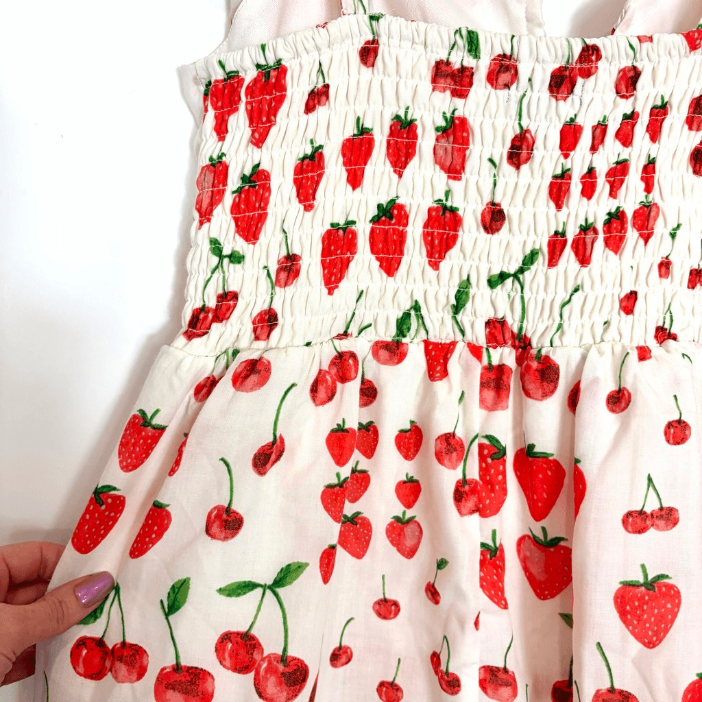Crystal Doll Midi Dress Womens Large White Red Strawberry Cherry Print Tiered