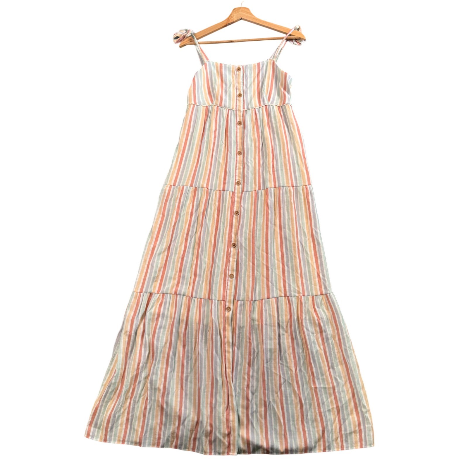Boho Stripe Tiered Maxi Sundress S Festival Cottagecore Coastal Breezy Pastel