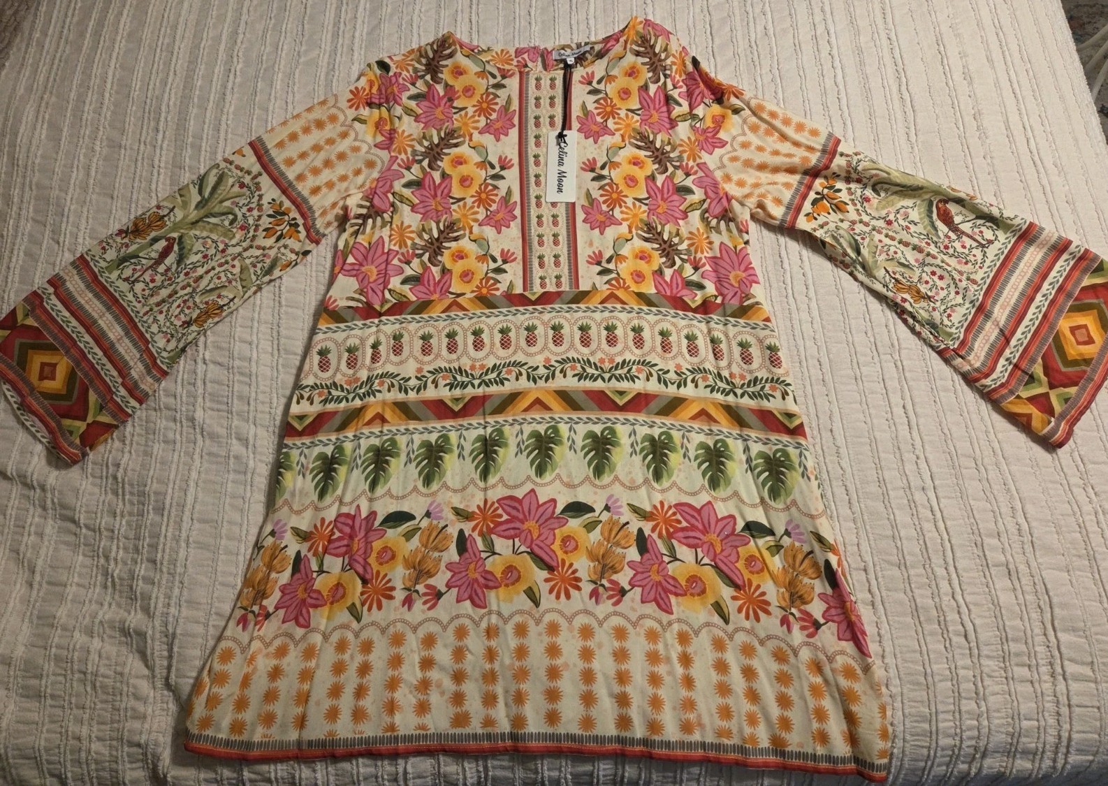 NWT CELINA MOON Bell Sleeve Floral Pink Pineapple Floral Dress Size XL X-LARGE
