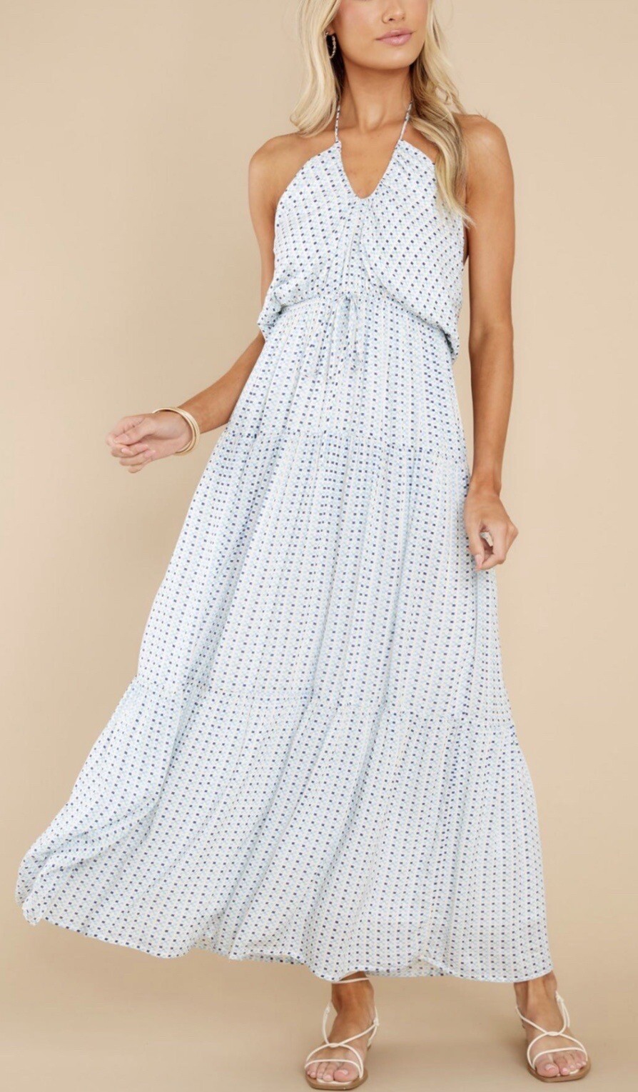 Mink Pink Women Midi Dress Blue Ivory Preppy Vacay Halter Coastal Size XS New