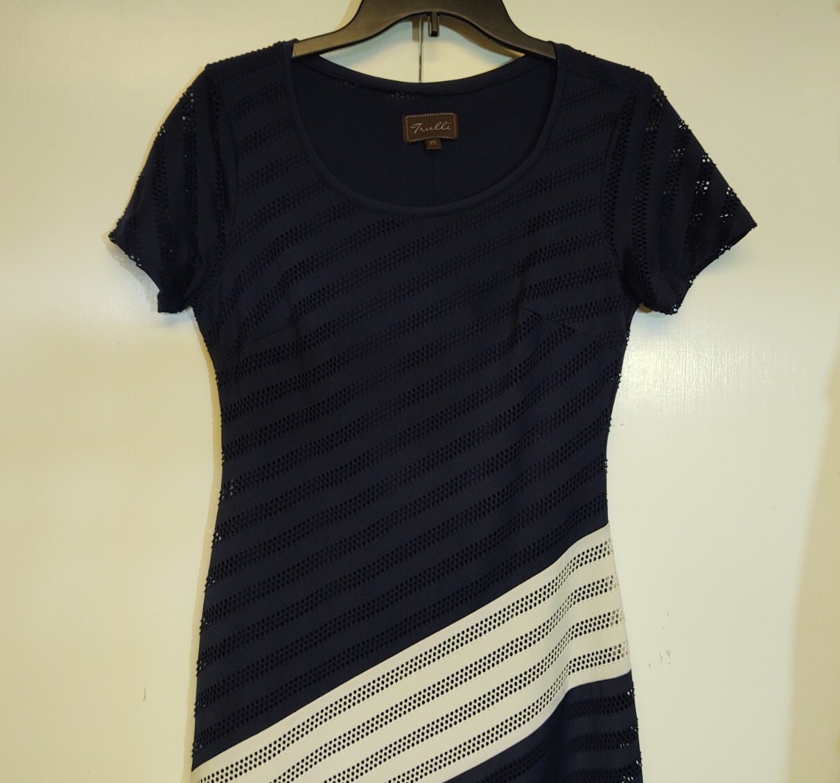 TRULLI Maxi Dress Navy White Size Small Diagonal Stripe Lined Pointelle