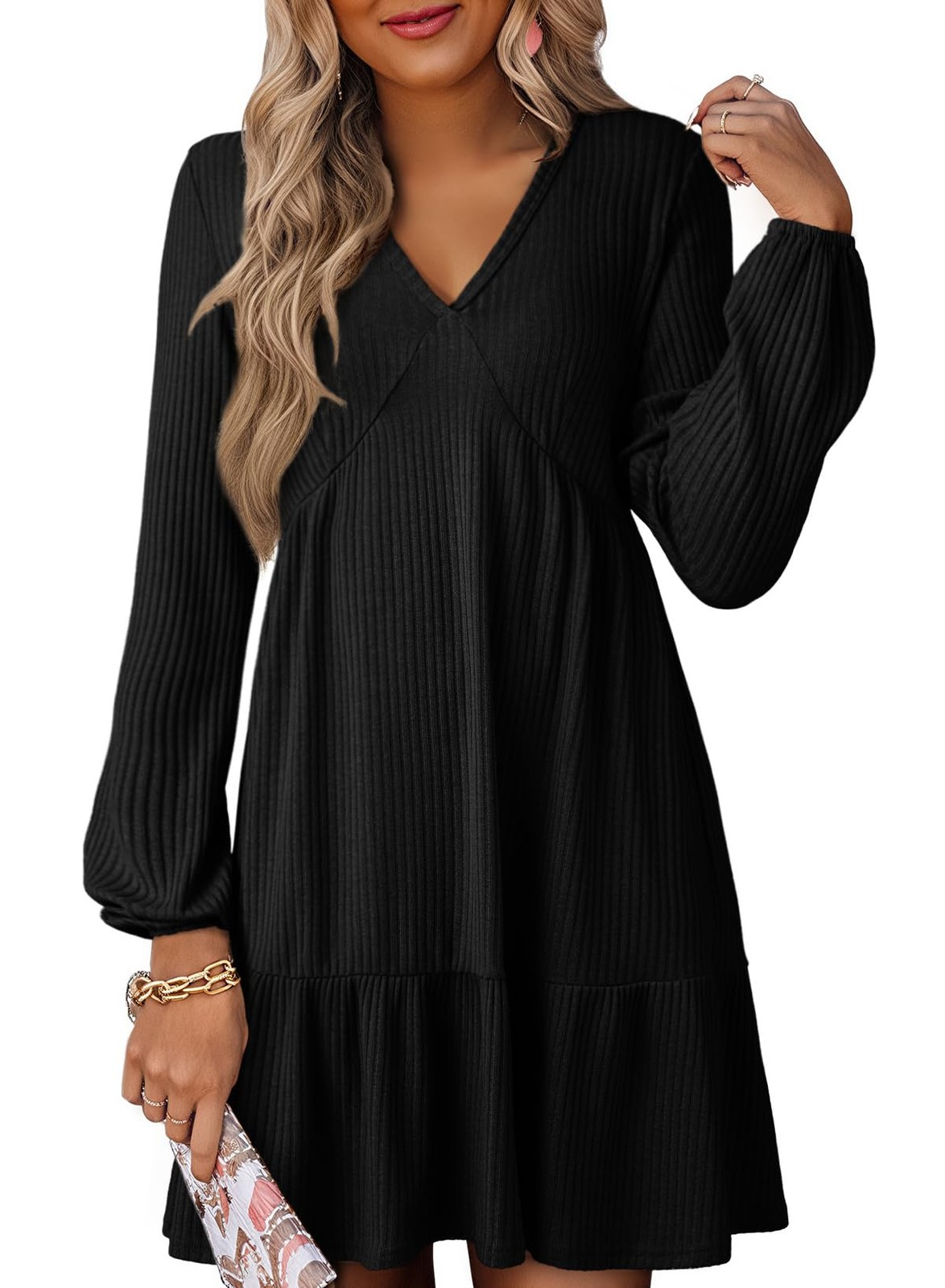Dokotoo Spring Women’s Dresses Long Sleeve Neck Lightweight Ribbed Black Small