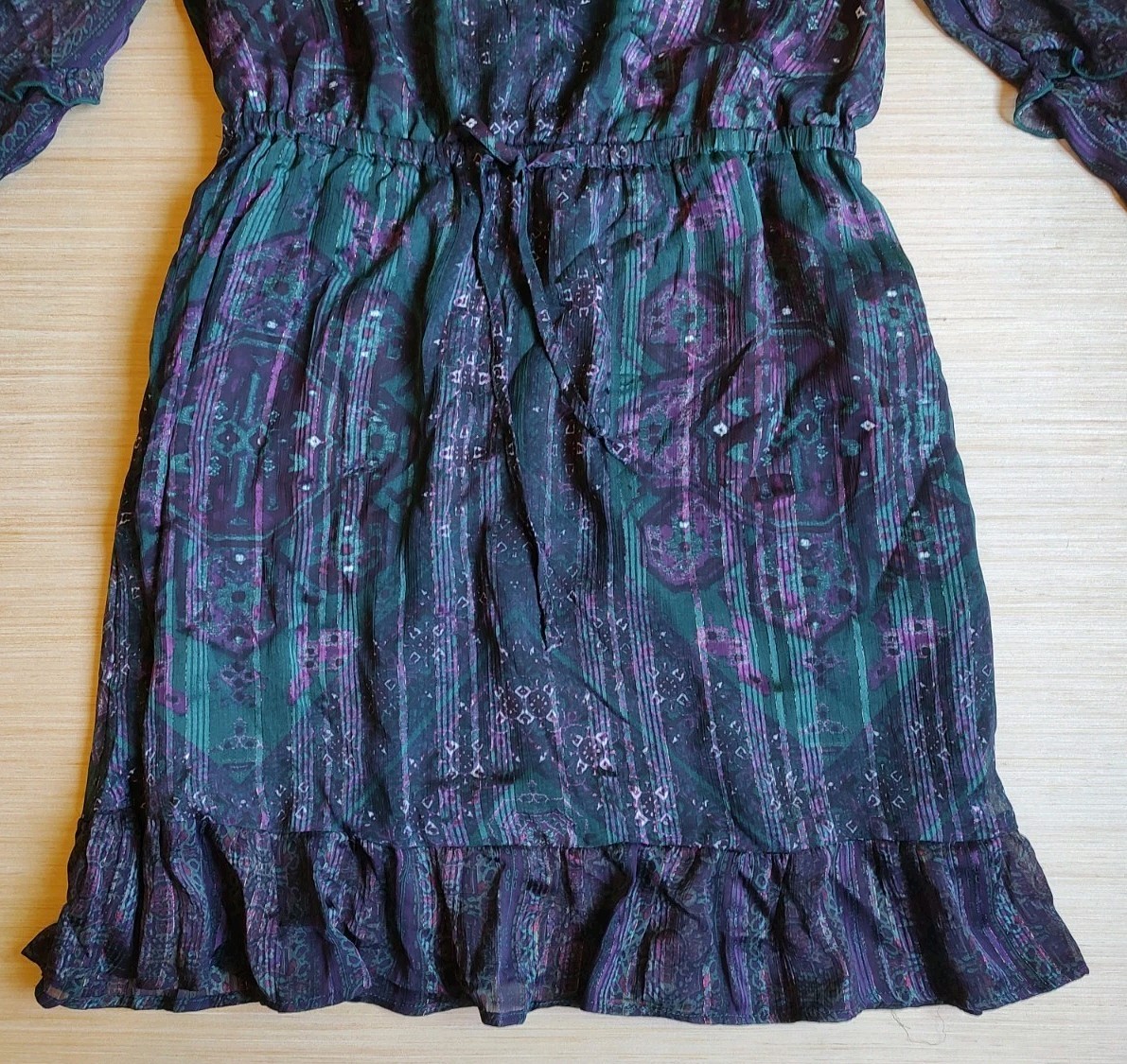Frye Knee Length Dress Ruffle Buttons Lurex Green Purple Floral Size M Women’s