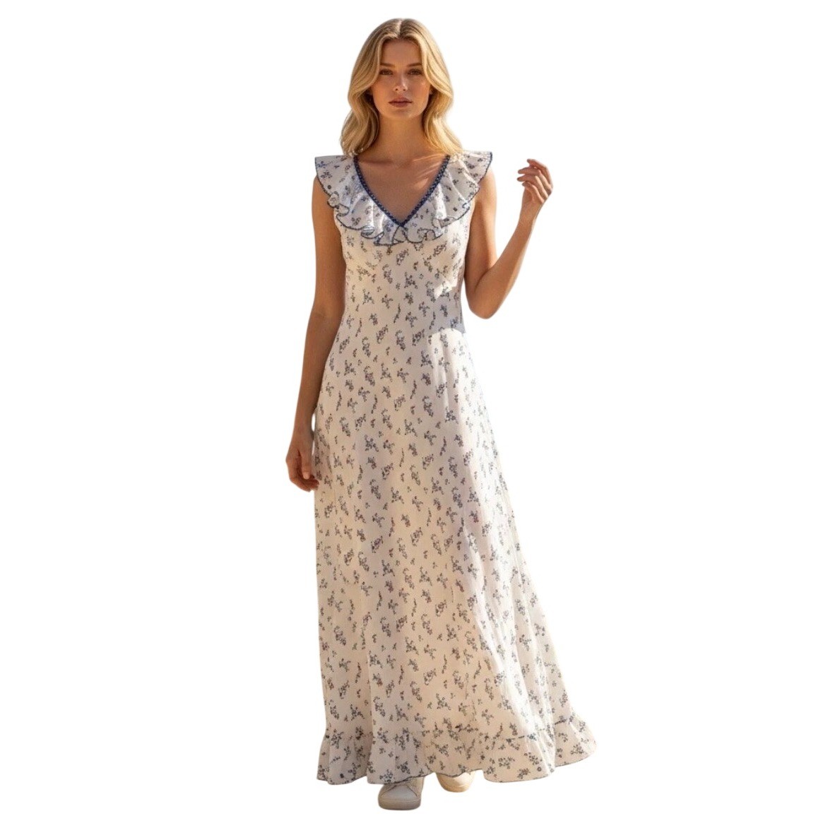 Caroline Constas Floral Satin Maxi Dress White Blue Ruffle Scalloped Trim Large