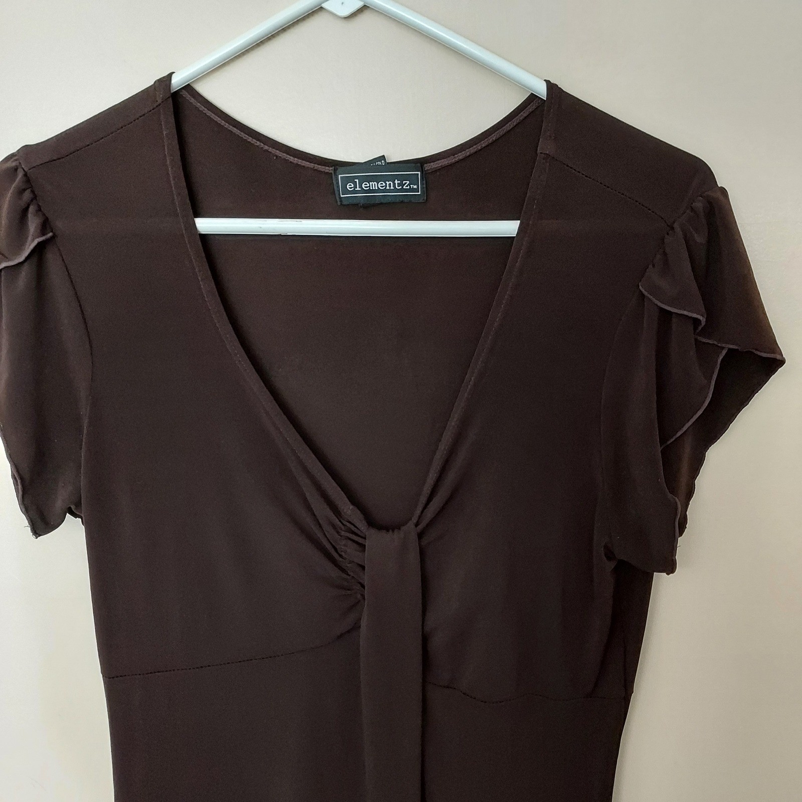 Elementz Brown Dress Medium V-Neck Tie Front Flutter Sleeve Polyester Blend