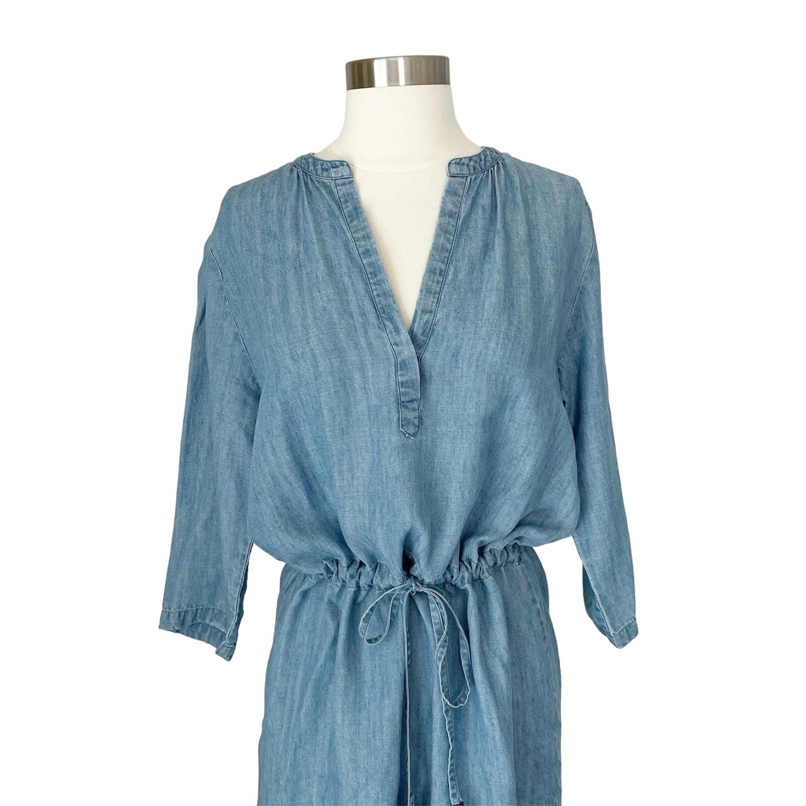 Rails Dress S Blue Chambray Denim Tassel Fringe Trim Tunic Shift V-neck Cinch