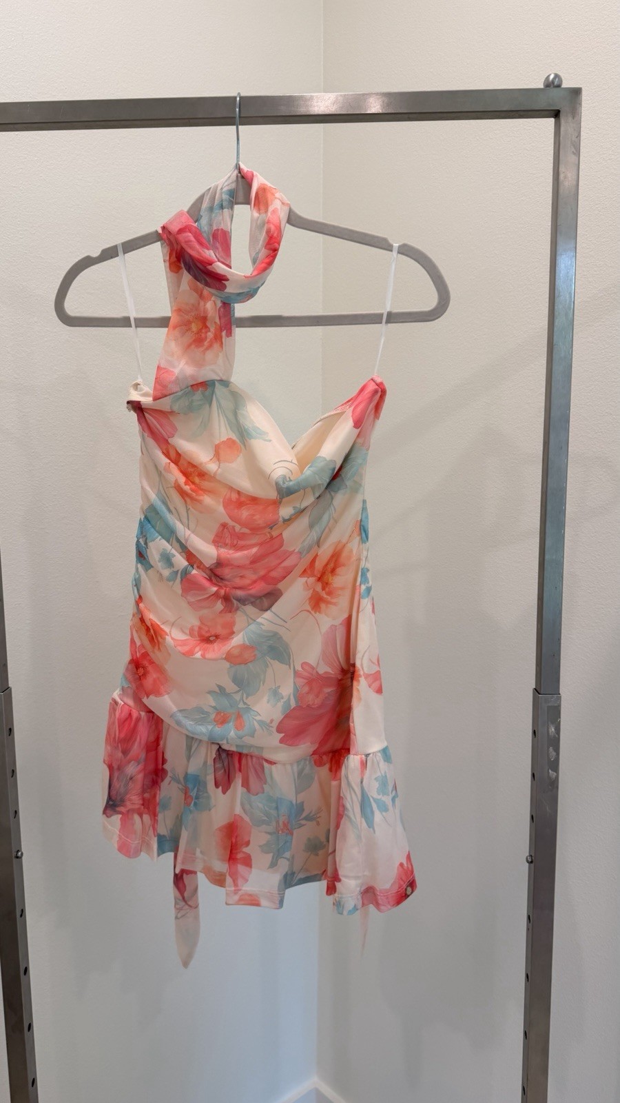 SHEIN BAE Floral Mesh Halter Mini Dress Lined Ruffle Hem Multicolor S