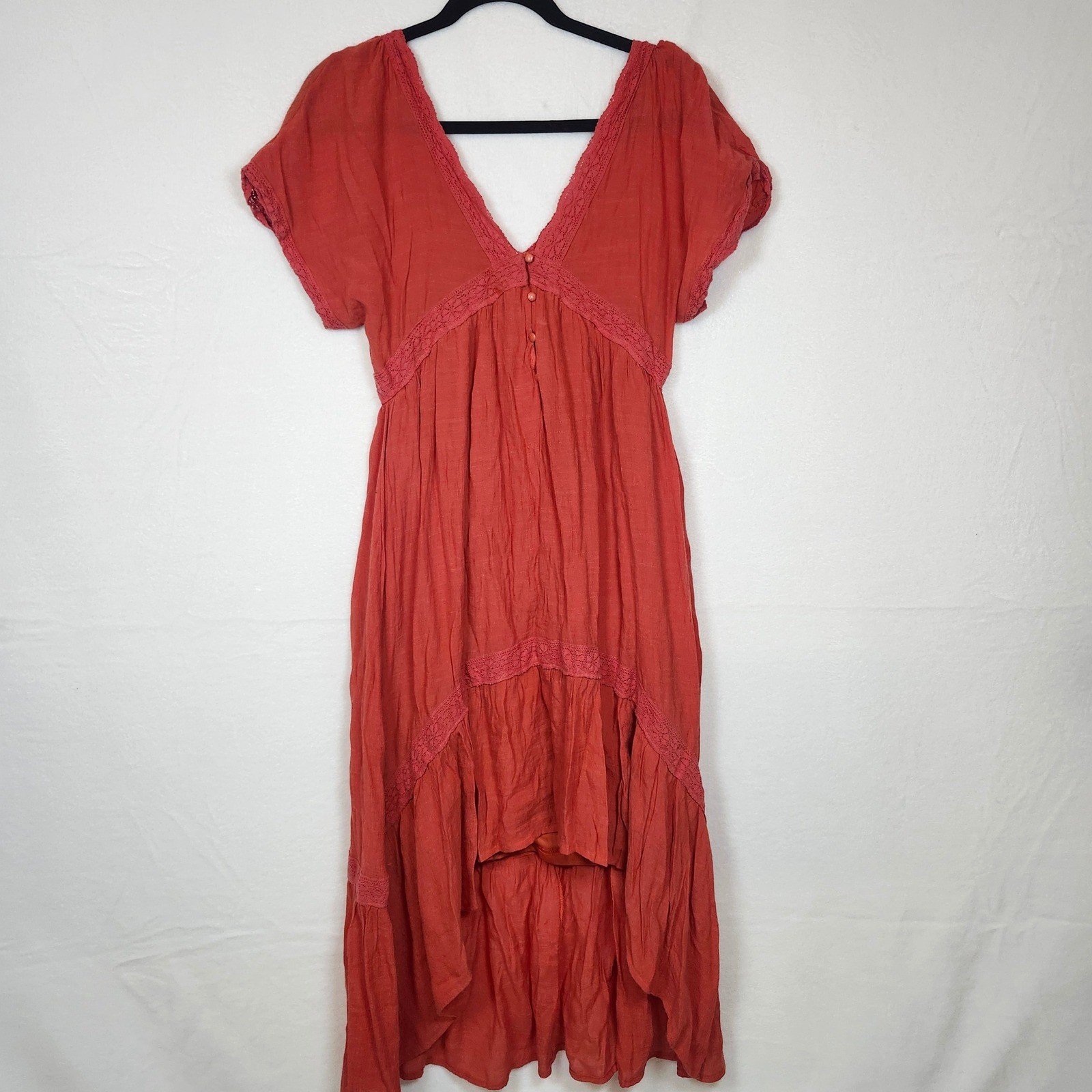 Baevely Rust Orange Boho High Low Maxi Dress Lace Trim V-Neck Medium Buckle