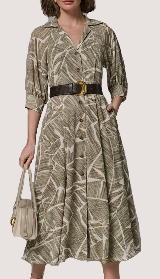 NWT Donna Karan NY Leaf Print Collared Belted Lined Shirt Dress, 8, Olive, $199