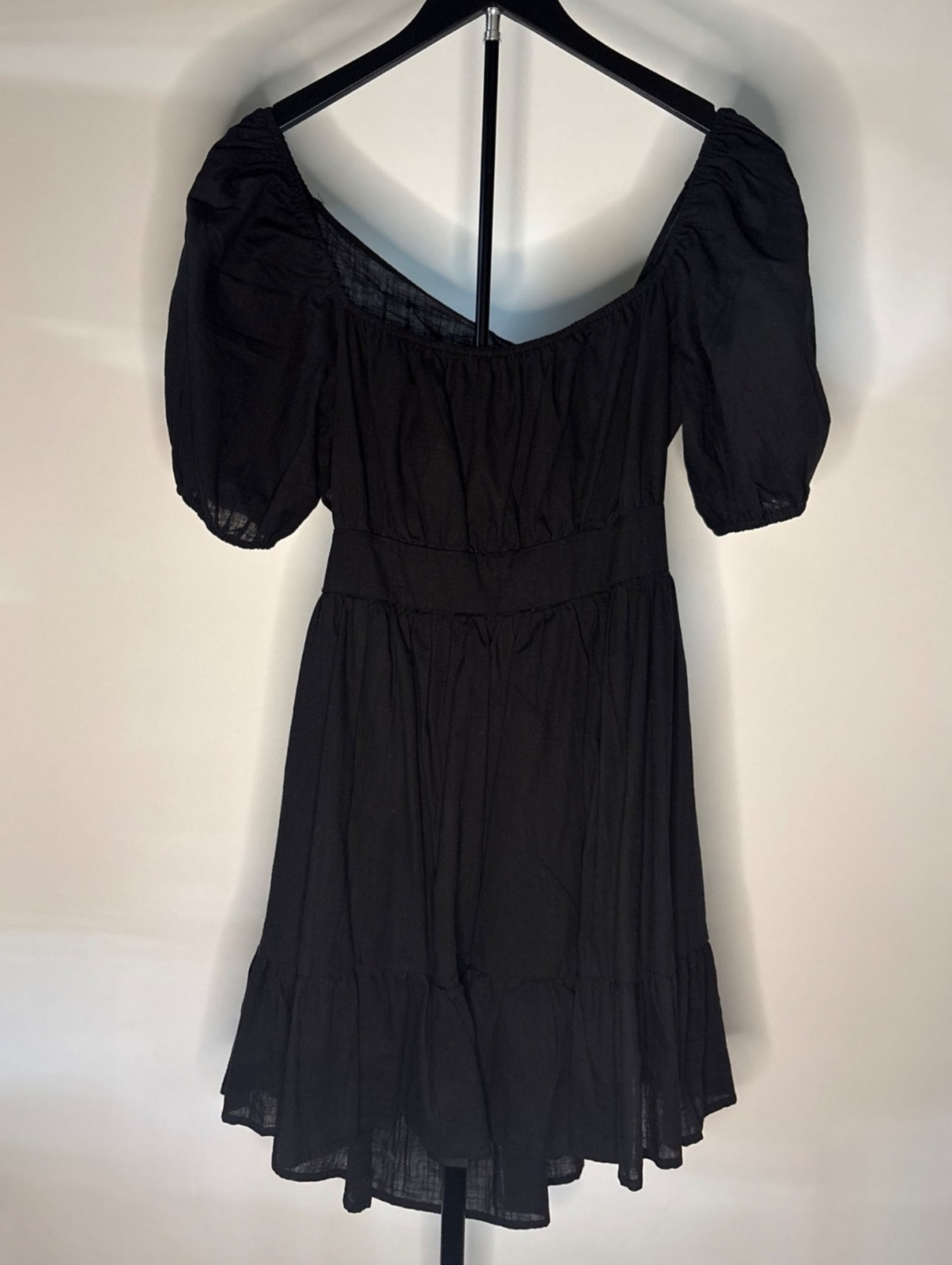 SHEIN Midi Black Backless Cut Out Puff Sleeve Tie Back Smocked Waist Ruffled Hem