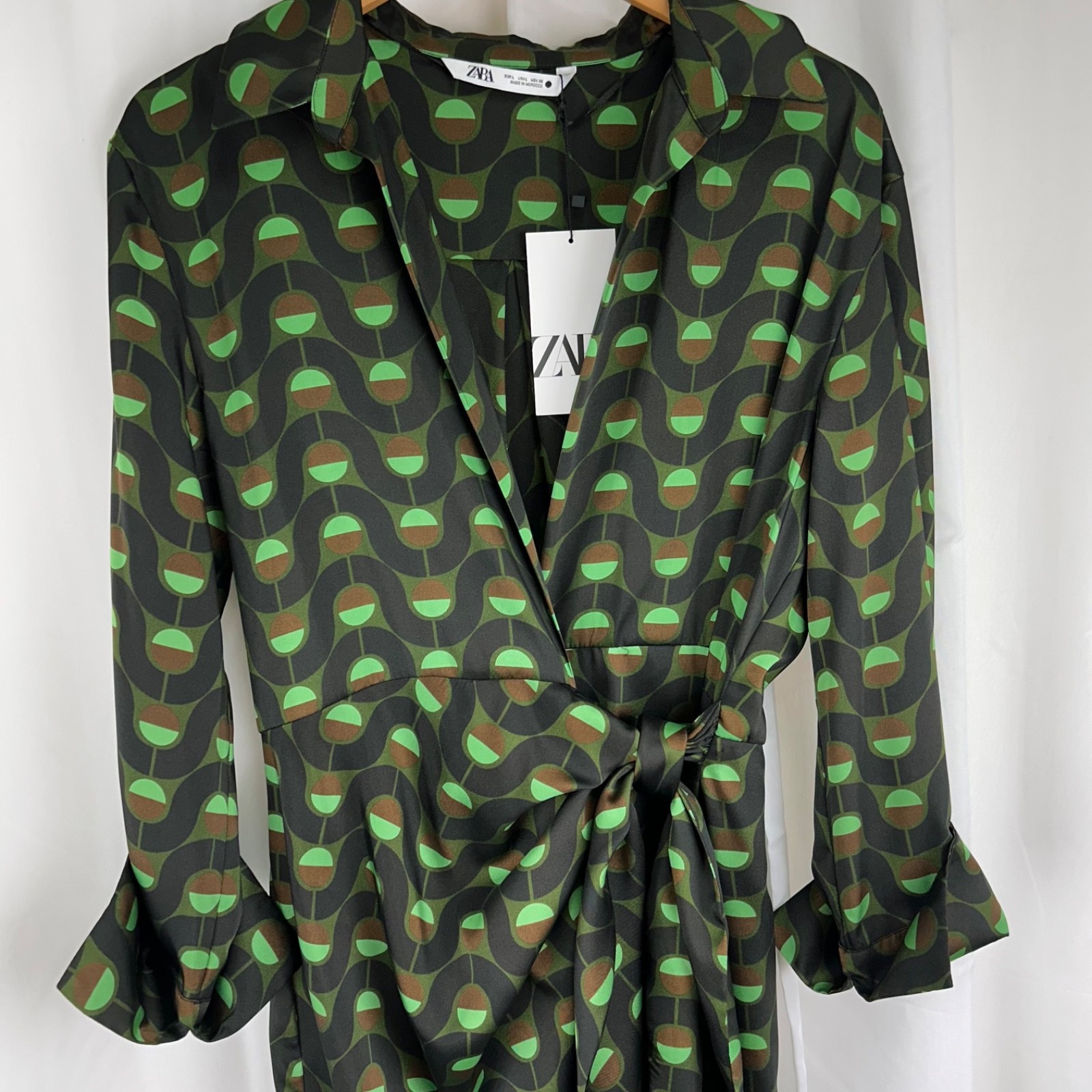 Zara Retro Mod Geometric Print Point Collar Wrap Midi Dress Green/Black/Brown L