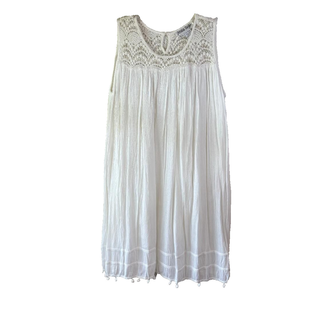 Jessica Taylor White Embroidered Dress/Beach Coverup Size L Boho Peasant