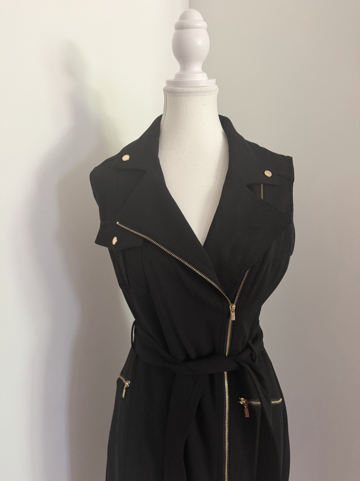 Elegant Black Moto-Inspired Zip Front Dress with Gold Hardware