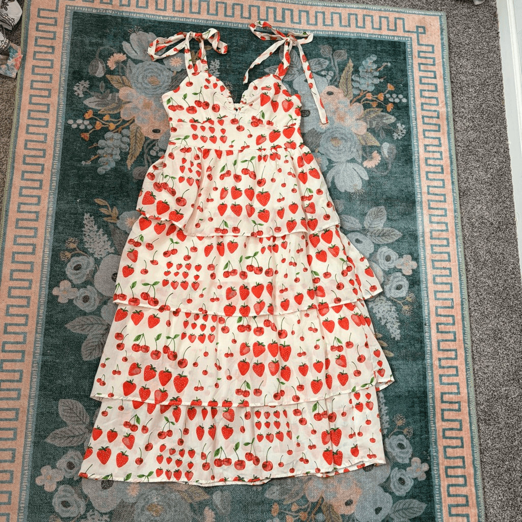 Crystal Doll Midi Dress Womens Large White Red Strawberry Cherry Print Tiered