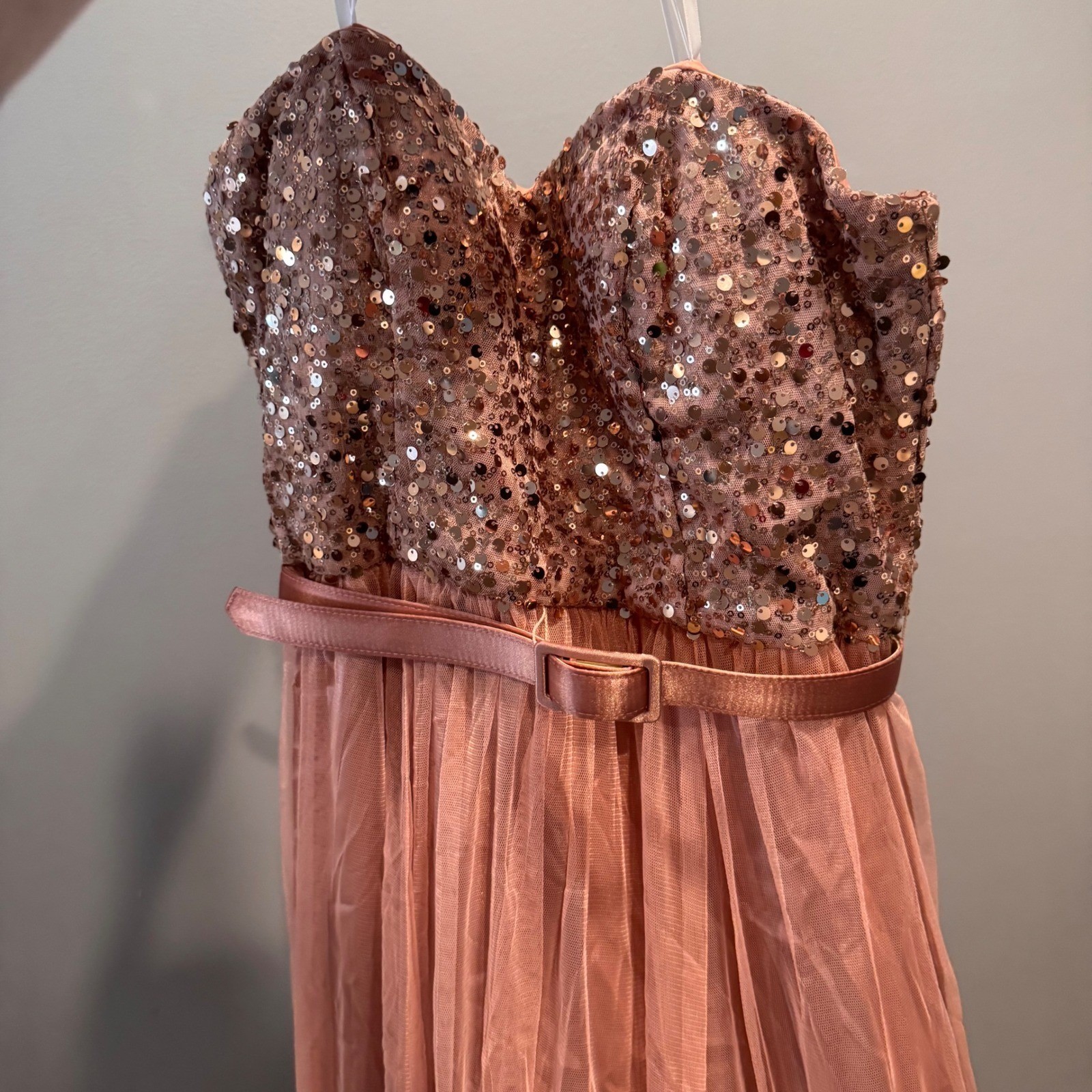 Xscape Rose Gold Sequin Tulle Strapless Gown Formal Prom Evening Dress Pink 10