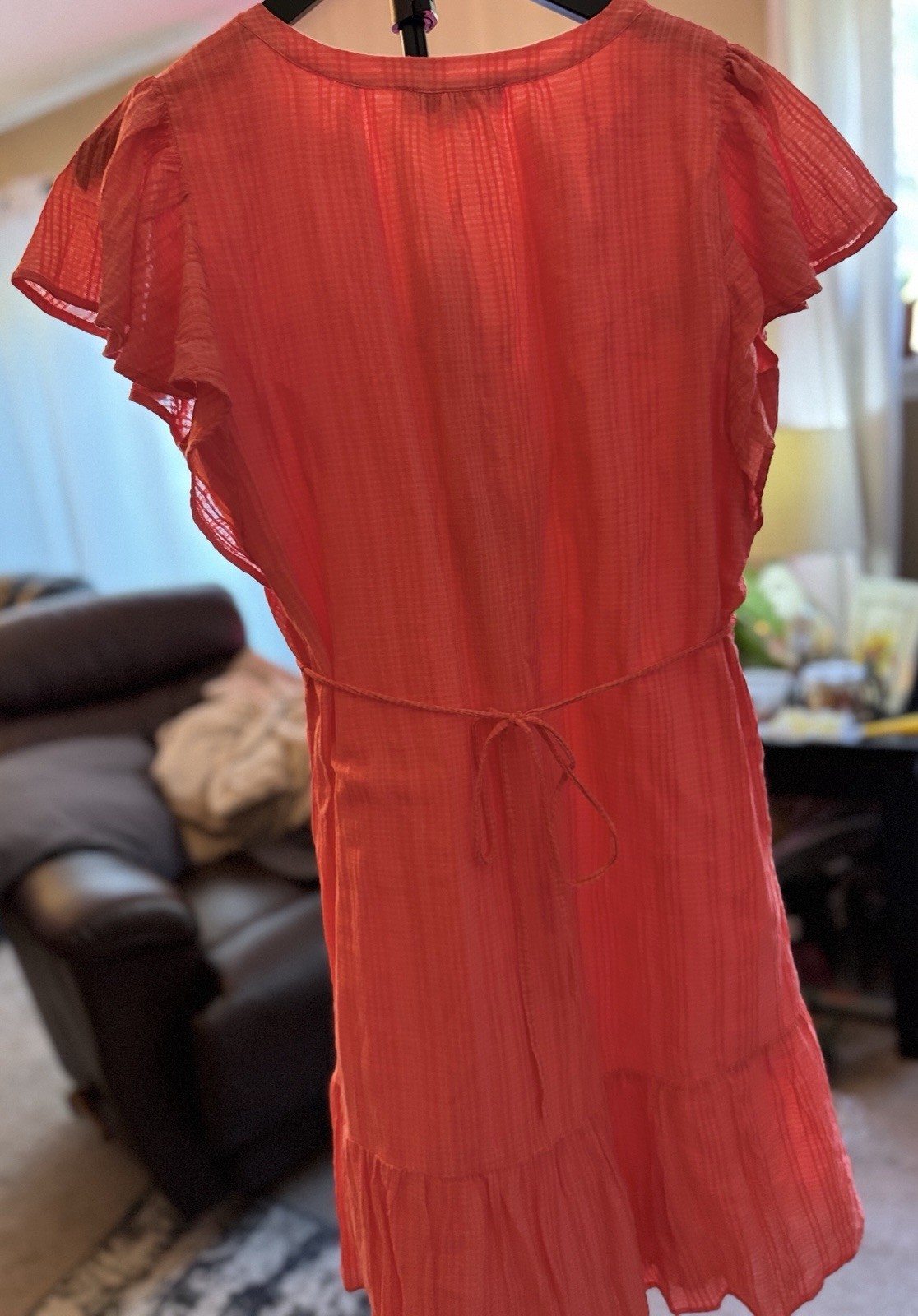 Loft Lightweight Lined Orange Ruffle Sleeve V Neck Dress Medium